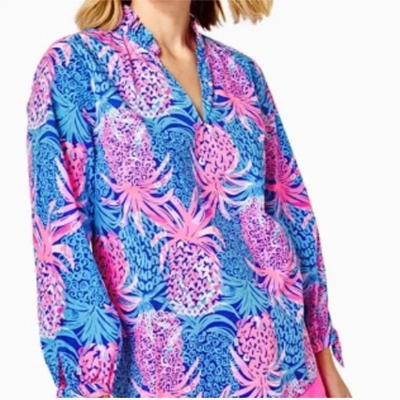 Lilly Pulitzer Sherida Top in Borealis Blue Tropic Down Low size Large NWT - Picture 1 of 11